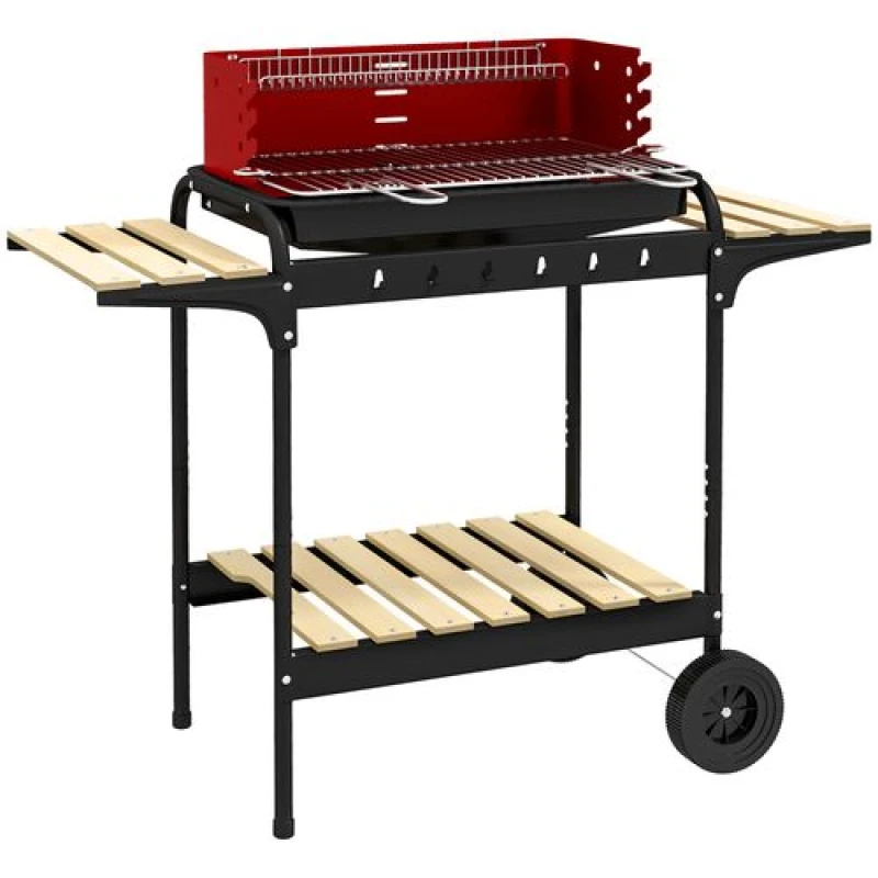 Image of Outsunny Charcoal Barbecue Grill with Adjustable Grill Height, Portable BBQ Trolley, Red Red