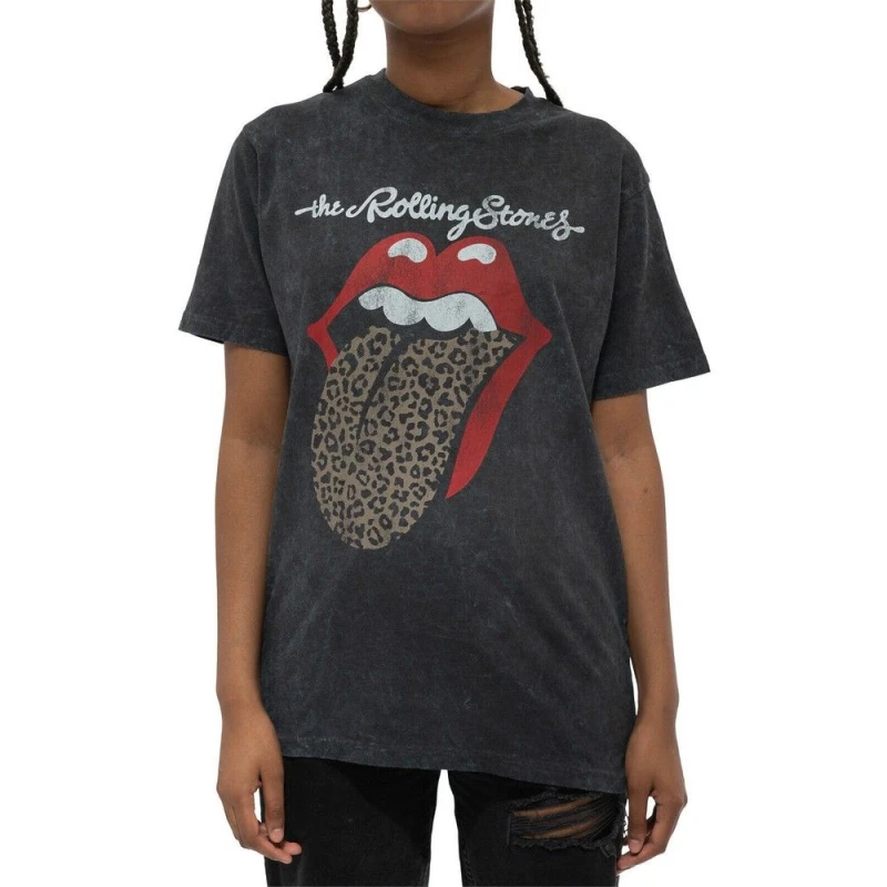 Image of The Rolling Stones Mens Leopard Tongue Acid Wash T-Shirt in Black Size: Medium Black Male M