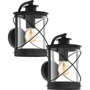 Image of 2 PACK IP44 Outdoor Wall Light Black Hoop Lantern 1x 60W E27 Porch Lamp