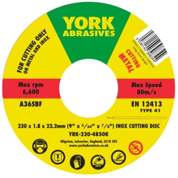 Image of York - 230 X 1.8 X 22MM A36 S-BF Inox Thin Reinforced Flat Cutting Discs - Type 41