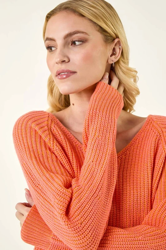 Image of Roman Womens V-Neck Boyfriend Knit Jumper in Orange Size: 12 Orange Female 12