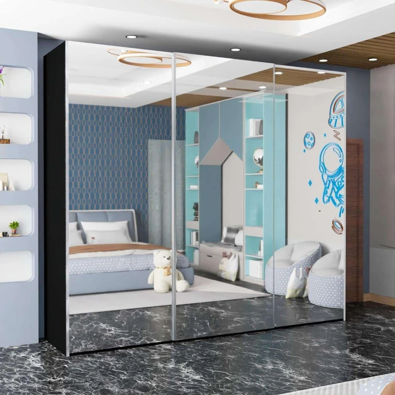 Image of Sliding Wardrobes 4U Full Mirror Double/Triple Mirror Wardrobe 250cm X 217cm Black