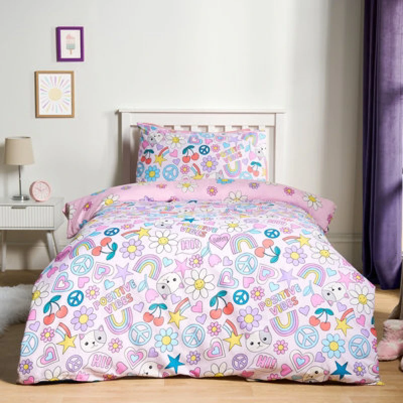 Image of OHS OHS Microfibre Reversible Positive Vibes Print Kids Duvet Cover Set with Pillowcase in Pink Size: Double Pink Double Unisex 5027434222889