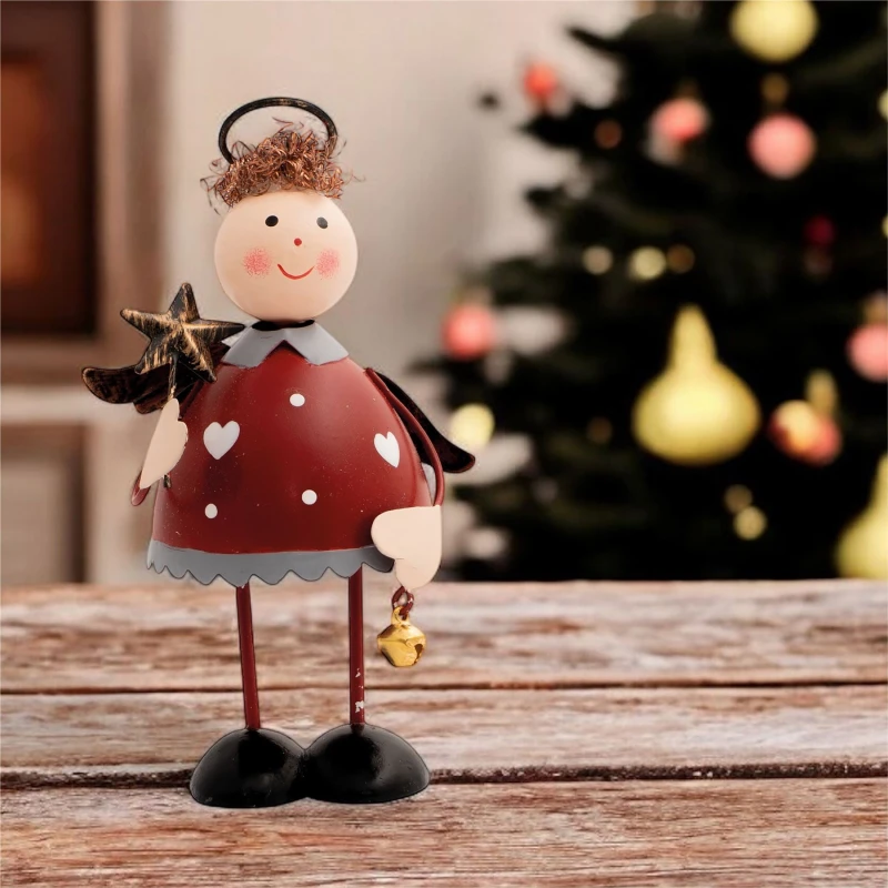 Image of St Helens Standing Metal Christmas Angel Ornament Decoration with Wings Halo & Bell - Red ELV-102956