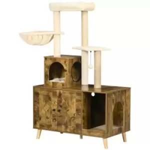 Image of PawHut Cat Litter Box Enclosure, with Tree Tower, Cat House, Hammock, Cushion - Rustic Brown