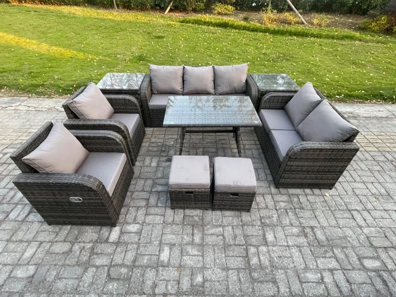 Image of Fimous Outdoor Rattan Garden Furniture Set 9 Seater Patio Lounge Sofa Set with Dining Table 2 Small Footstools 2 Side Tables Dark Grey