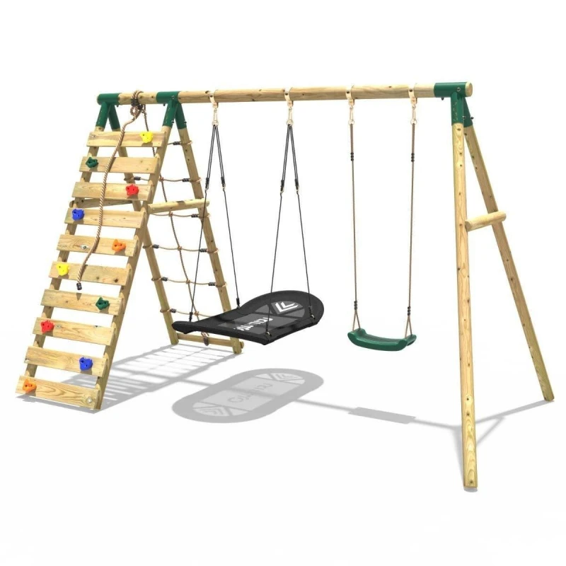 Image of Rebo Wooden Double Swing Set with Boat Swing and Climbing Wall - Sage Green Green