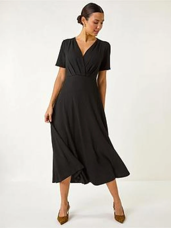 Image of Roman Textured Wrap Bodice Midi Dress Black