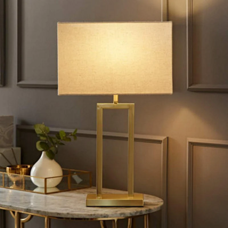 Image of ValueLights ValueLights Gloria Double Stem Metal Table Lamp with Rectangular Lamp Shade in Metallic Gold Metallic Gold One Size Unisex 5016529271956