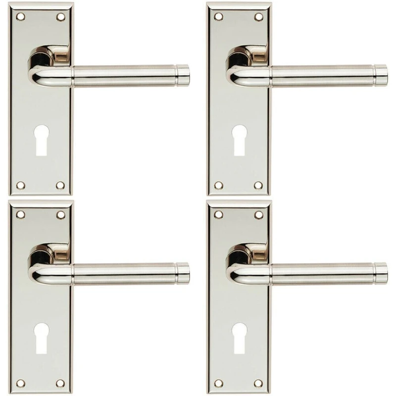 Image of Loops 4x PAIR Round Bar Handle on Lock Backplate 150 x 50mm Polished & Satin Nickel Metallics