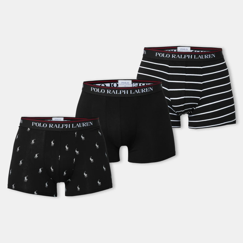 Image of Polo Ralph Lauren Mens Classic 3 Pack Trunks - Black White Stripe/Black Allover - XXL Black Underwear and Nightwear male 714830299009 XXL