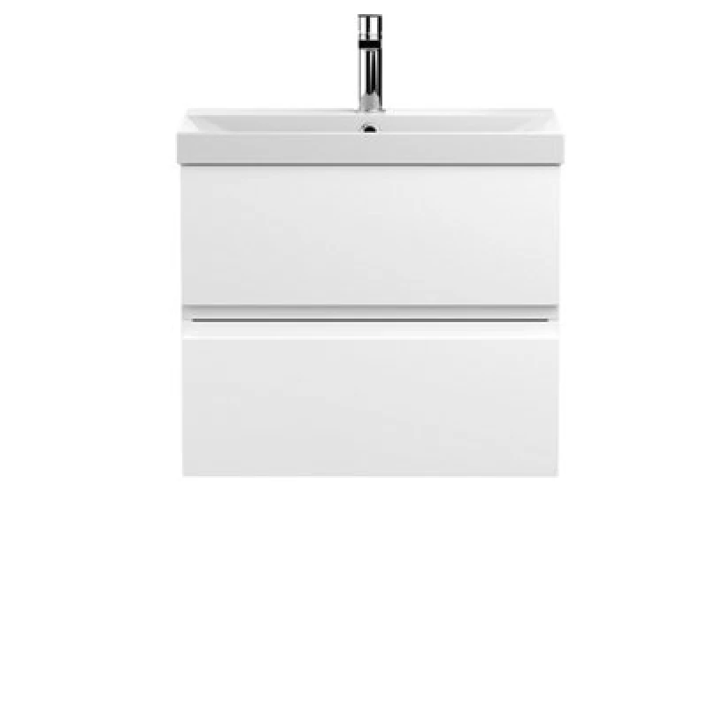 Image of Hudson Reed Urban Wall Hung 2 Drawer Vanity Unit With Thin-Edge Ceramic Basin, Modern Bathroom Furniture In Satin White, 600mm