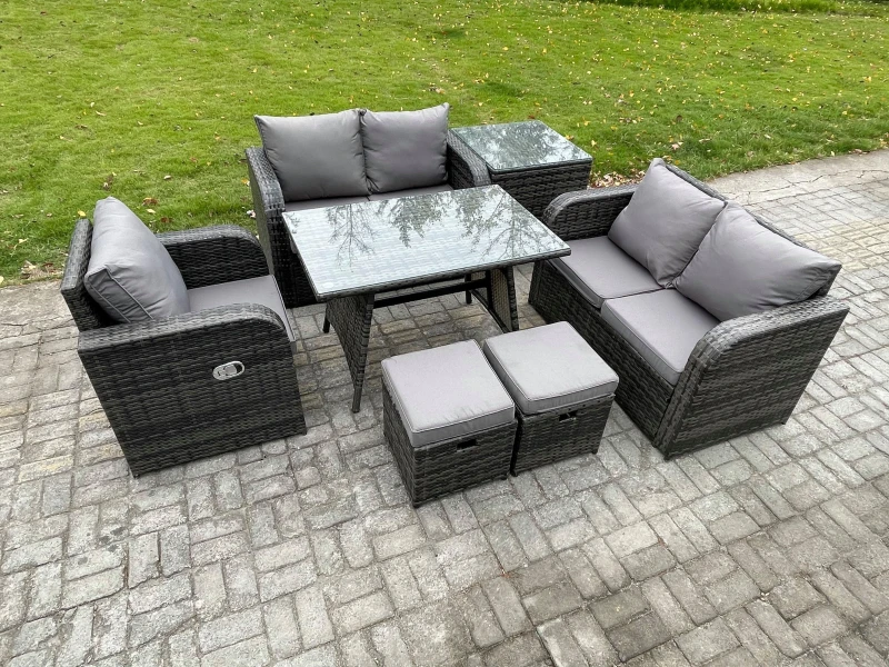 Image of Fimous 7 Pieces Outdoor Garden Dining Sets Rattan Furniture With Dining Table Armchairs Love Sofa Side Table 2 Small Footstools Dark Grey Mixed Dark G