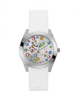 Image of Guess Guess Wonderlust Silver And Coloured Stone Dial With White Leather Strap Ladies Watch