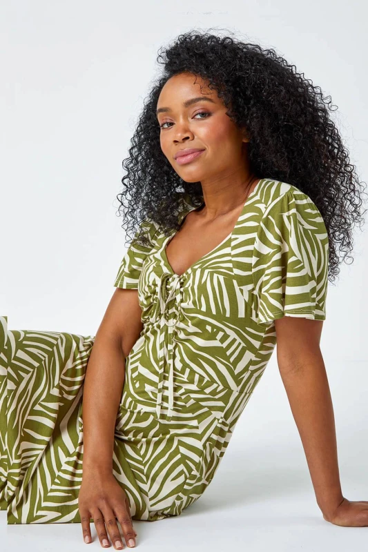 Image of Roman Petite Animal Stretch Gathered Midi Dress Khaki