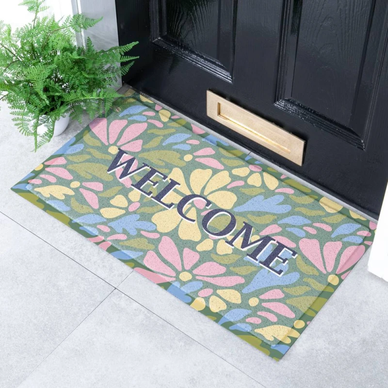 Image of Artsy Mats Welcome Pastel Flowers Doormat Size: 60cm x 90cm Multicolor Unisex 60cm x 90 cm