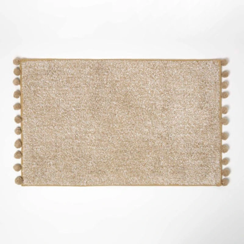 Image of Homescapes Tufted Bath Mat 100% Cotton with Pom Pom Edges Beige