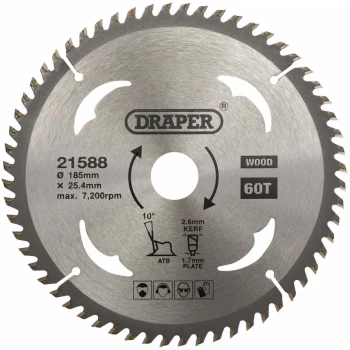 Image of TCT Circular Saw Blade for Wood, 185 x 25.4mm, 60T [21588] - Draper