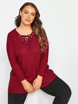 Image of Yours Lace Up Detail Top, Red, Size 20, Women