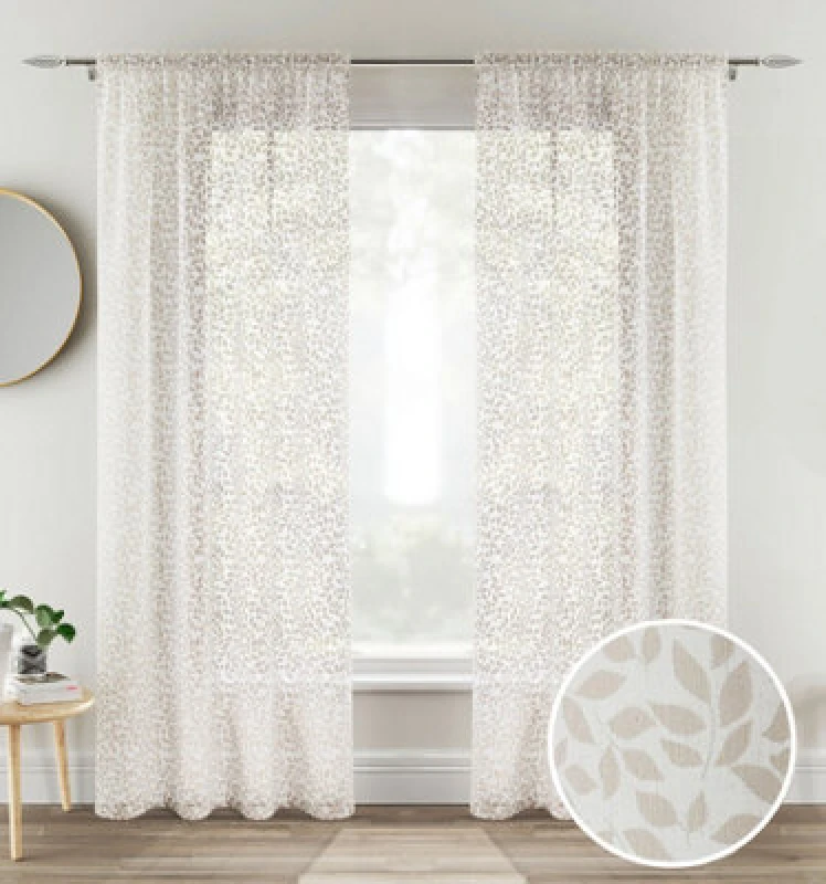 Image of Tyrone Textiles Willow Leaf Print Linen-Look Voile Panel - Pair Natural