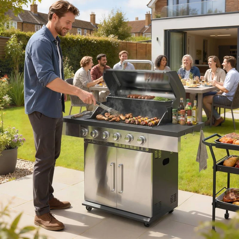 Image of OUTSUNNY 6 Burner Liquid Propane Gas BBQ Grill, Portable Gas Barbecue Grill in Silver Silver Unisex