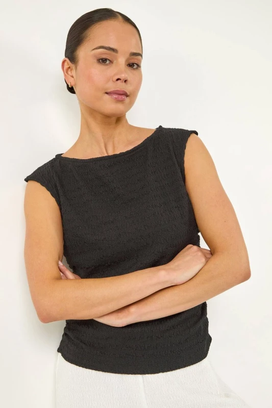 Image of Roman Womens Petite Textured Stretch Top in Black Size: 14 Black Female 14