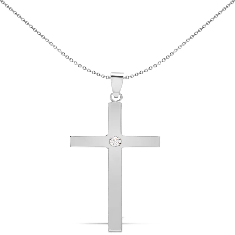 Image of Jewelco London Mens 9ct White Gold 0.1ct Diamond Solitaire Cross Pendant - 9X086 Silver