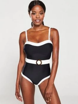 Image of Pour Moi Removable Straps Belted Control Swimsuit - Black/White, Size 12, Women