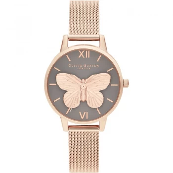 Image of Ladies Olivia Burton 3D Butterly Grey Dial & Rose Gold Mesh Watch