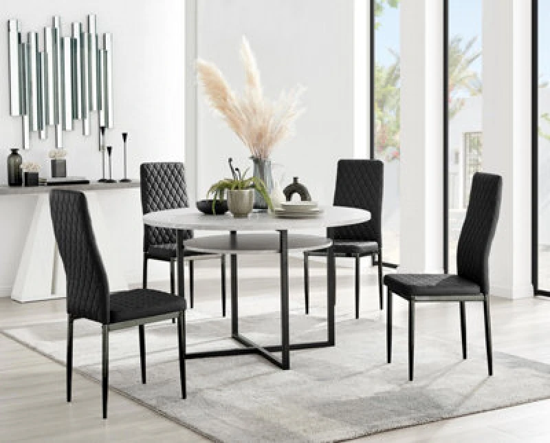 Image of FurnitureboxUK FurnitureboxUK Adley Grey Concrete Effect And Black Round Dining Table with Shelf and 4 Velvet Milan Dining Chairs Black One Size Unise