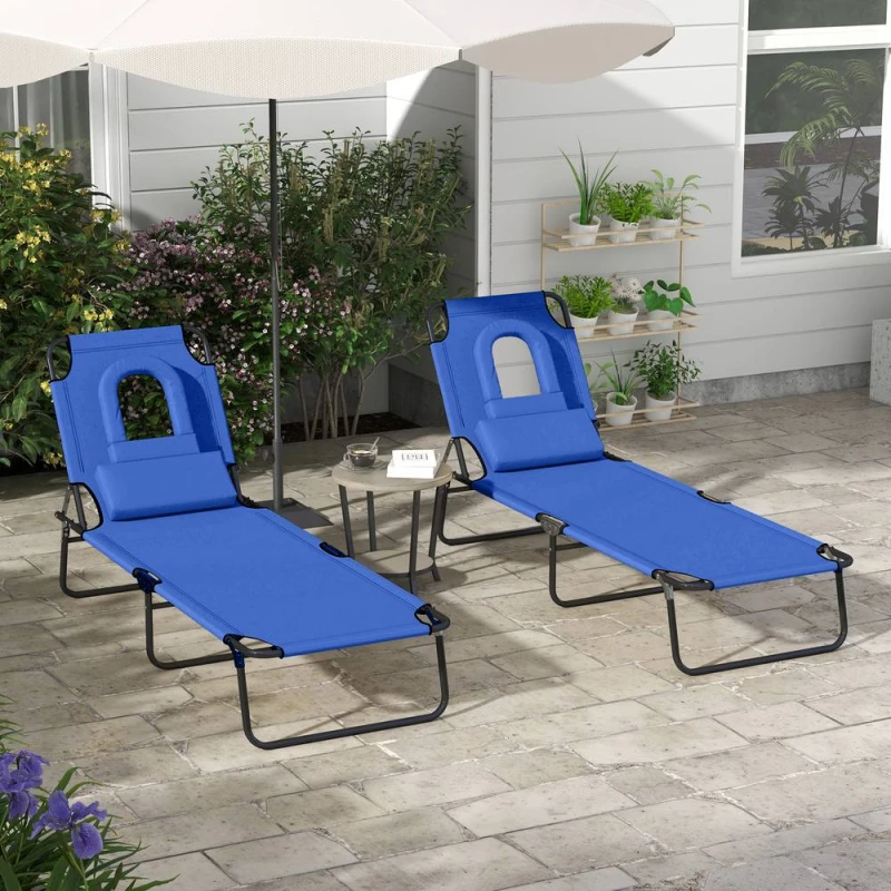 Image of Outsunny Outsunny Folding Sun Lounger Set of 2 Reclining Chair with Reading Hole Blue 5056725390426
