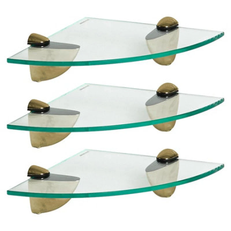 Image of Harbour Housewares 3X Floating Glass Corner Shelves - 20Cm - Gold Brackets - Bathroom Shower Storage Vanity Display Unit Shelf