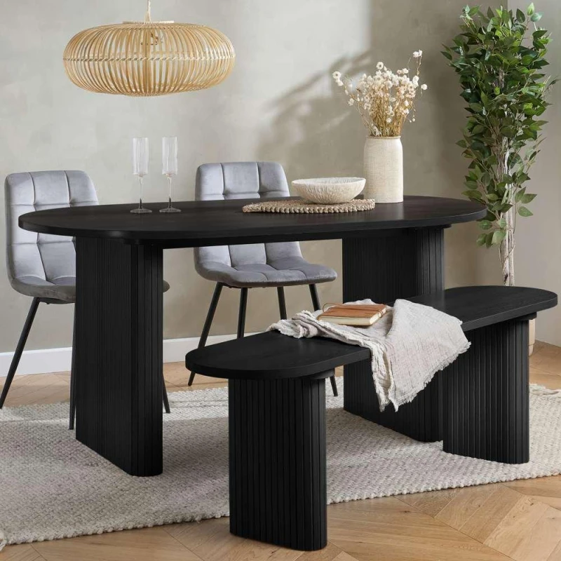 Image of Birlea Birlea Axel Oval Fluted Dining Table With 2 Chairs And Bench in Black One Size Unisex 5056206659349