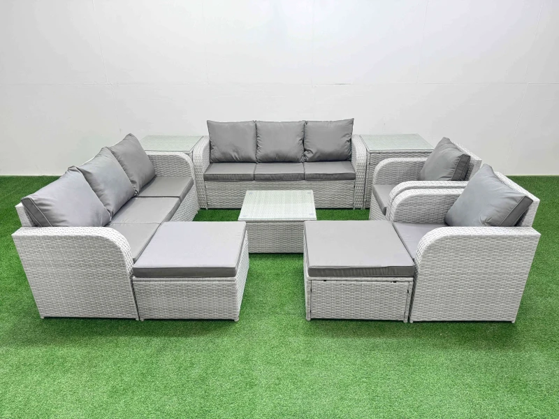Image of Fimous PE Rattan High Back Lounge Sofa Set Patio Square Coffee Table & Chairs Set with 3 Seater Sofa Reclining Chair 2 Big Footstool 2 Side Table Ligh
