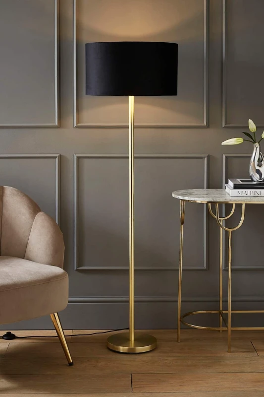Image of ValueLights ValueLights Charlie Gold Stem Floor Lamp with Velvet Drum with Gold Inner Lamp Shade in Black One Size Unisex 5059406060557