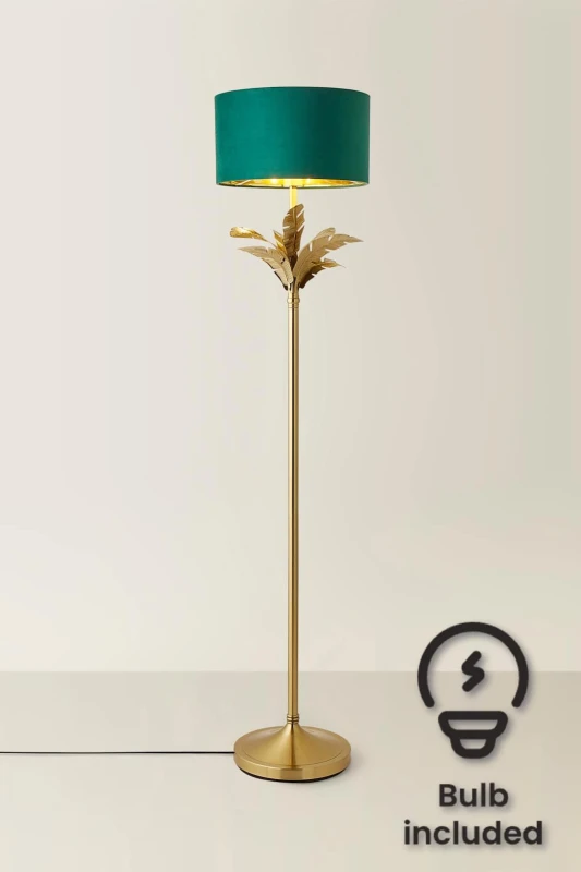 Image of ValueLights ValueLights Christina Velvet with Gold Inner Drum Shade Gold Palm Leaf Floor Lamp with Bulb in Bottle Green Bottle Green One Size Unisex 5