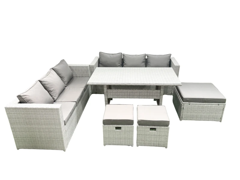 Image of Fimous Rattan Garden Furniture Set 9 Seater Outdoor Sofa Set with Dining Table 3 Footstools Light Grey Mixed Light Grey