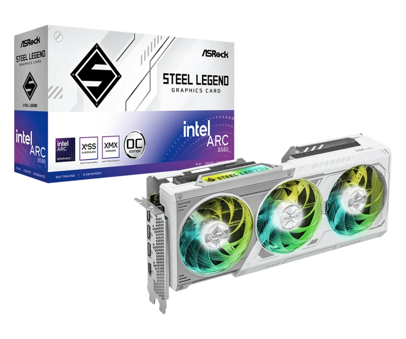 Image of ASRock Intel Arc B580 Steel Legend OC 12GB GDDR6 Triple Fan Graphics Card - White - B580 SL 12GO