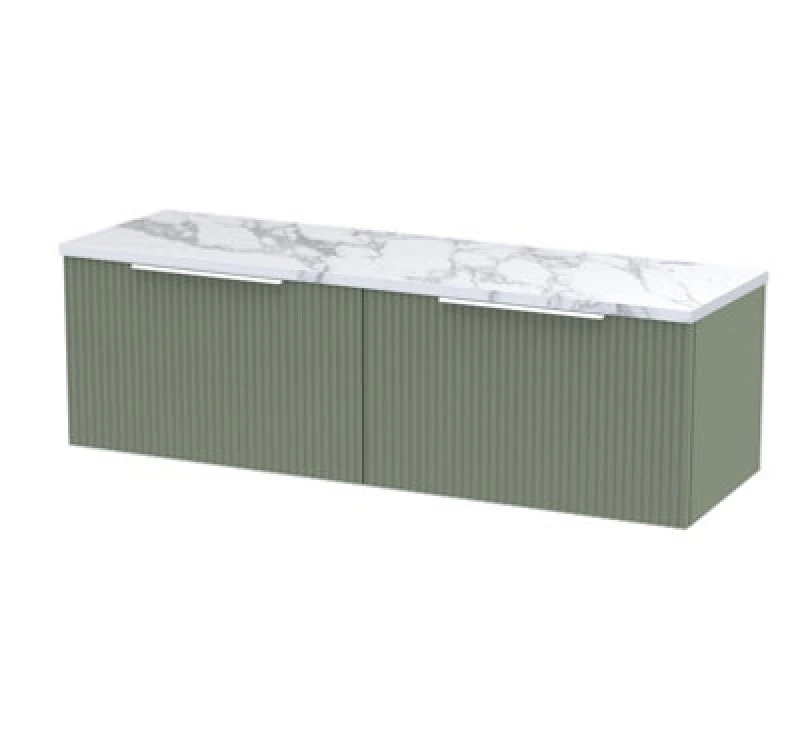 Image of Hudson Reed Fluted Wall Hung 2-Drawer Vanity & Carrera Marble Laminate Worktop, Counter Top Vanity Unit In Satin Green, 1200mm
