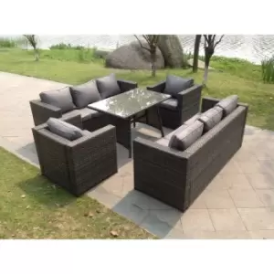 Image of Fimous 8 Seater Outdoor Dark Grey Rattan Lounge Complete Sofa Set with Dining Table and Clear Tempered Glass