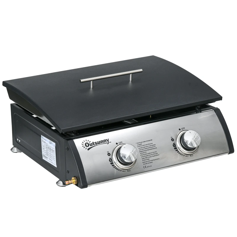 Image of Outsunny Tabletop Gas Plancha Grill for Camping with 2 Stainless Steel Burner and Griddle Silver