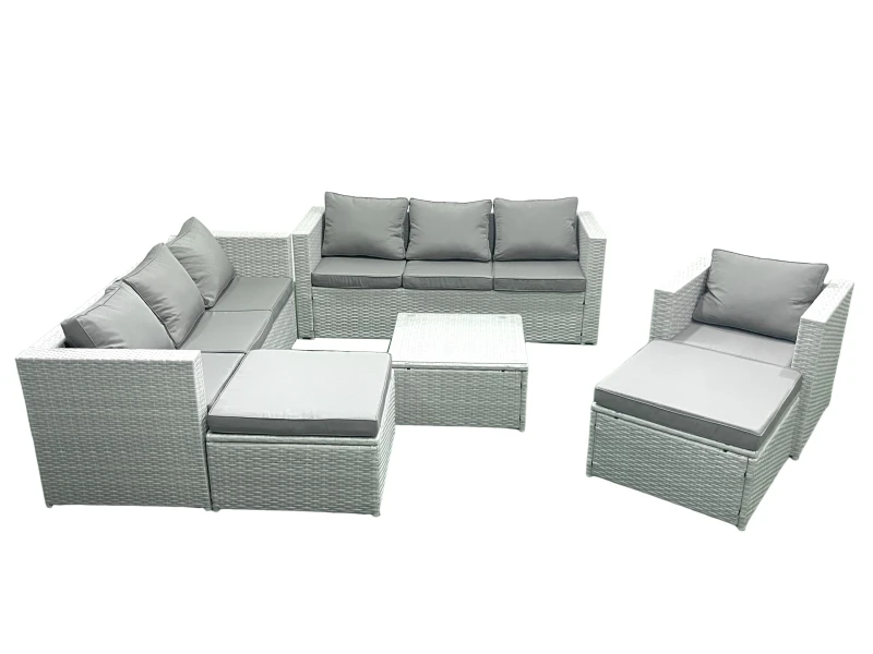 Image of Fimous Wicker PE Rattan Sofa Garden Furniture Set with Armchair Square Coffee Table 2 Big Footstools Light Grey Mixed Light Grey