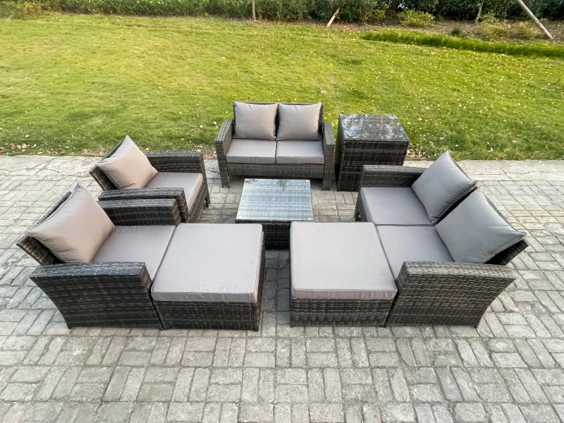 Image of Fimous Outdoor Garden Furniture Sets 8 Pieces Wicker Rattan Furniture Manual Wicker Patio Sofa Patio Conversation Set with 2 Big Footstool Dark Grey U