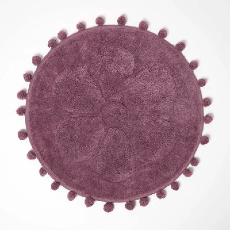 Image of Homescapes Floral Bath Mat 100% Cotton with Pom Pom Edges Pink