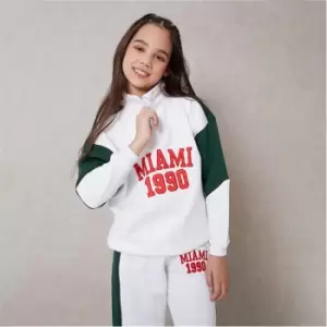 Image of I Saw It First Girls Varsity Miami 1990 Slogan Funnel Neck Colour Block Sweater - Green