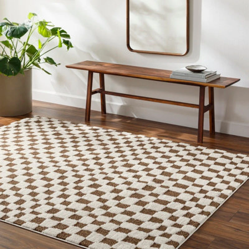 Image of Livabliss Scandi Modern High Pile Brown Checkered Irina Area Rug 120 X 170 Cm - Easy Care, Ideal For Living Room & Bedroom