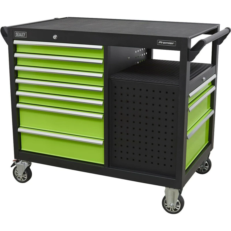 Image of Loops Heavy Duty 10 Drawer Mobile Workstation Trolley - 2 x Open Shelves - 5" Castors Multi