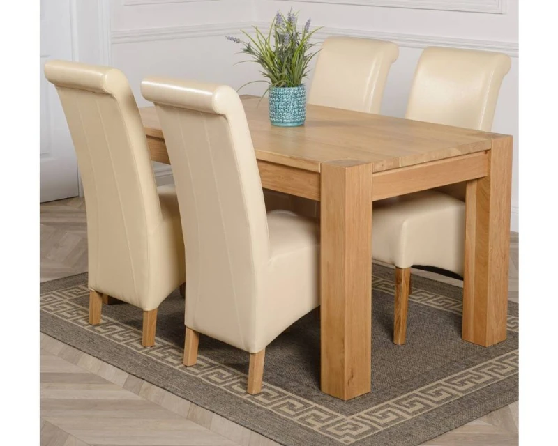 Image of Thats Furniture Kuba 150 x 85cm Chunky Medium Oak Dining Table & 4 Montana Leather Chairs in Cream Size: 150 x 85cm Cream Unisex 150 x 85 cm