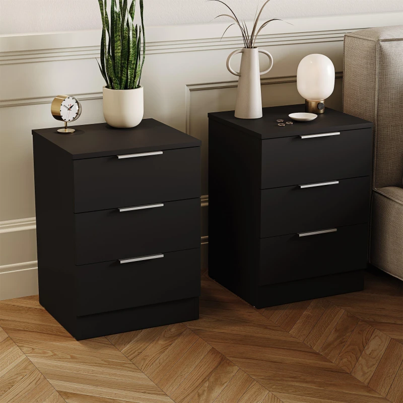 Image of Lassic Trega 3 Drawer Bedside Chest Set Of 2 Black unisex 3 Drawer