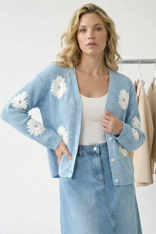 Image of Roman Womens Daisy Detail Knit Cardigan in Light Blue Size: 20 Light Blue Female 20